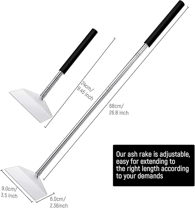 Jakeei 26.8 Extendable BBQ Ash Tool Stainless Steel Charcoal Ash Rake Ash Removal Tool Charcoal Garden Tools Grill Cleaning Tools Corner Cleaner Accessories with Storage Bag (1)