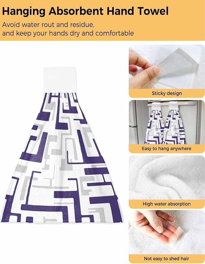 Alandar Home Kitchen Tie Towel Set of 1, Modern Abstract Purple Gray Stripes Absorbent Soft Hand Towels for Bathroom Hanging Towels, Geometric Square Art Fast Drying Cleaning Cloth with Loop