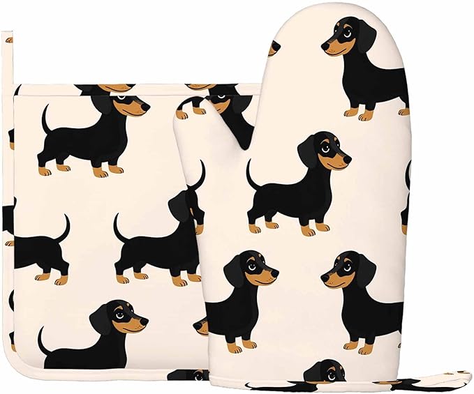 Mxocom Dachshunds Silicone Oven Mitts and Pot Holders Sets Hand Drawn Style Dog BBQ Gloves for Kitchen,Cooking,Baking,Grilling