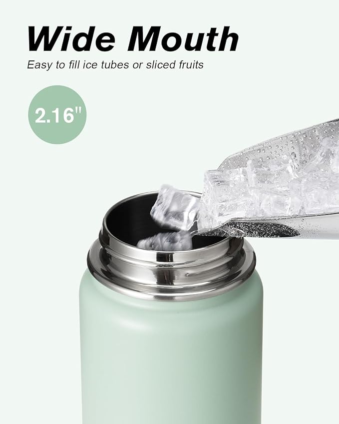 Coolflask Water Bottle 24 oz Insulated with Straw, Stainless Steel Metal 3 Lids Water Flask Wide Mouth for Sports or Office, Non-BPA Keep Cold Up to 48 Hrs or Hot Up to 24 Hrs, Grey Green