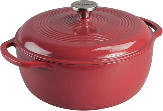 Lodge Essential Enamel Cast Iron Dutch Oven - Perfect for Bread Baking, Braising, Marinating & Slow Cooking - Features Moisture-Sealing Lid & Dual Handles - Kitchen Essentials - 6 Quarts - Cranberry