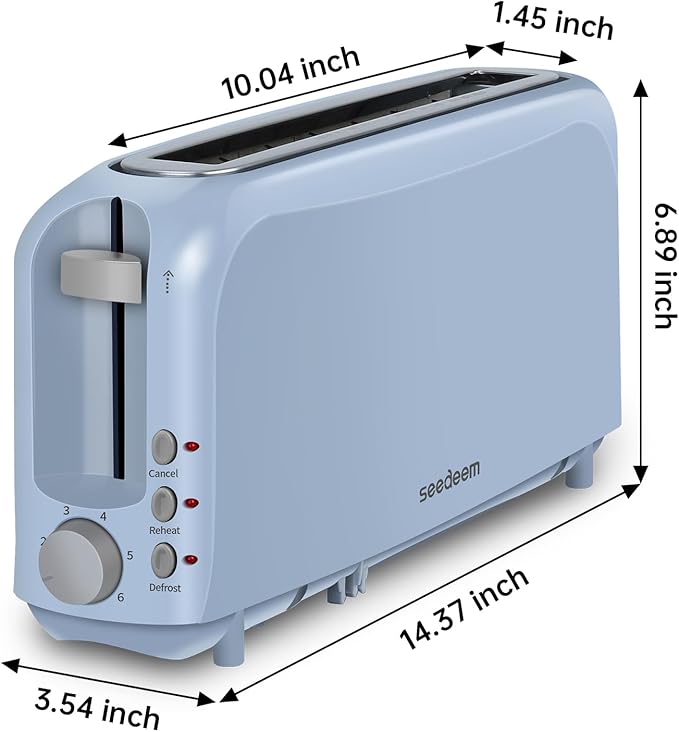 SEEDEEM 2 Slice Slim Toaster, Single 10" Long Slot Toaster Fits Bagels & Artisan Bread, 6 Shade Settings, Cancel/Reheat/Defrost, Removable Crumb Tray, Auto Shut-Off, Blue