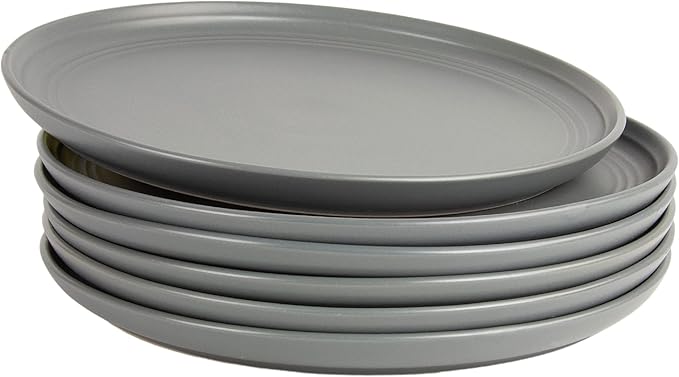 Double Line 10.5" Dinner Plate, Set of 6, Matte Gray