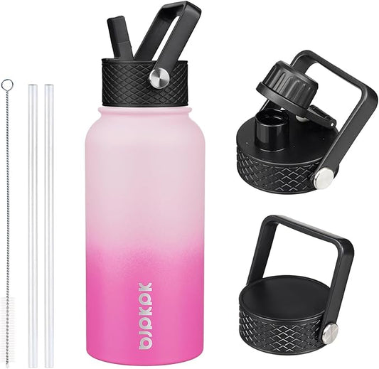 BJPKPK Insulated Water Bottles with Straw Lid, 27oz Stainless Steel Water Bottle with 3 Lids, Leak Proof BPA Free Metal Thermo, Mugs, Tumblers, Keep Cold Hot - Cherry
