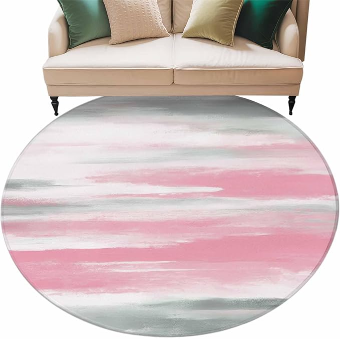 Washable Round Area Rug Pink Grey Mottled Texture Seamless Circle Rugs Floor Carpet for Living Room Bedroom, Gradient Abstract Art Soft Non Slip Round Rug 5ft