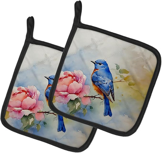 Caroline's Treasures Bluebird Pair of Pot Holders Kitchen Heat Resistant Pot Holders Sets Oven Hot Pads for Cooking Baking BBQ, 7 1/2 x 7 1/2