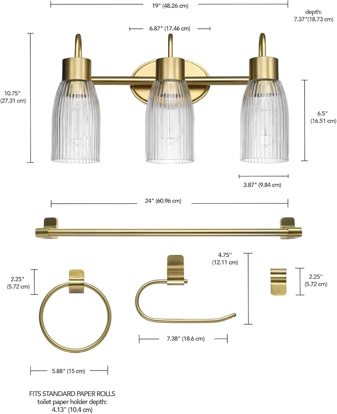 Globe Electric 63000208 5-Piece All-in-One Bathroom Accessory Set with 19" 3-Light Vanity Light, Matte Brass, Ribbed Glass Shades, Towel Bar, Robe Hook, Toilet Paper Holder, Towel Ring, Powder Room