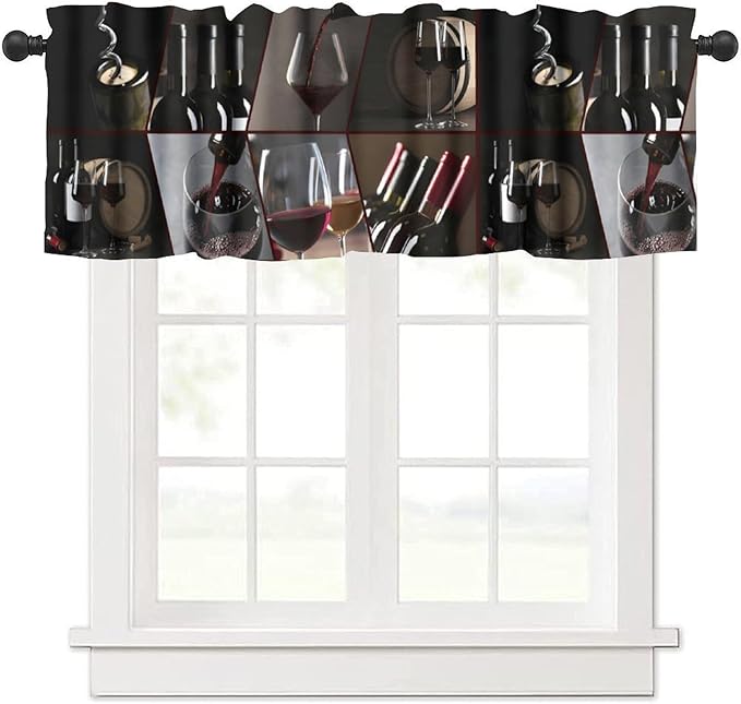 Red Wine Curtain Valance, Modern Black Wine Bottles Glasses Drinking Short Rod Pocket Window Valance for Kitchen Dining Resturant Party, 54x18Inch