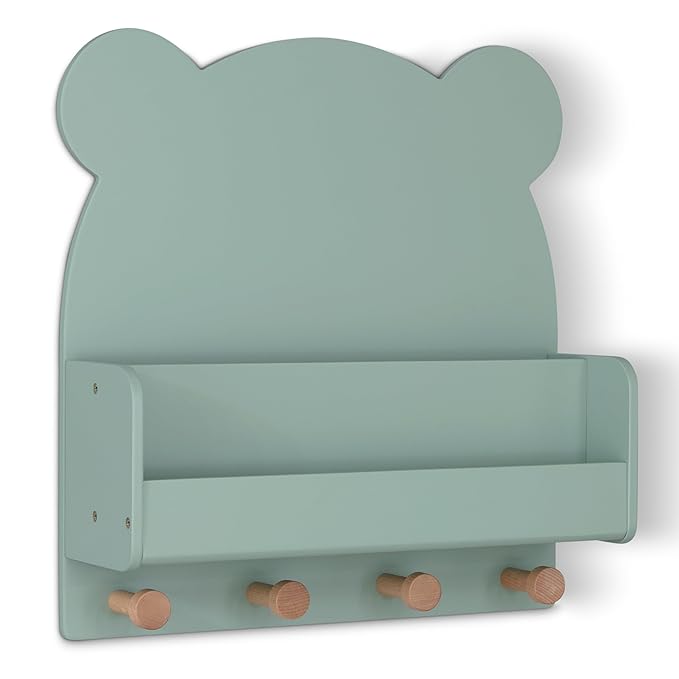 babyGap by Delta Children Brannan Bear Wall Shelf with 4 Hooks, Sage Green