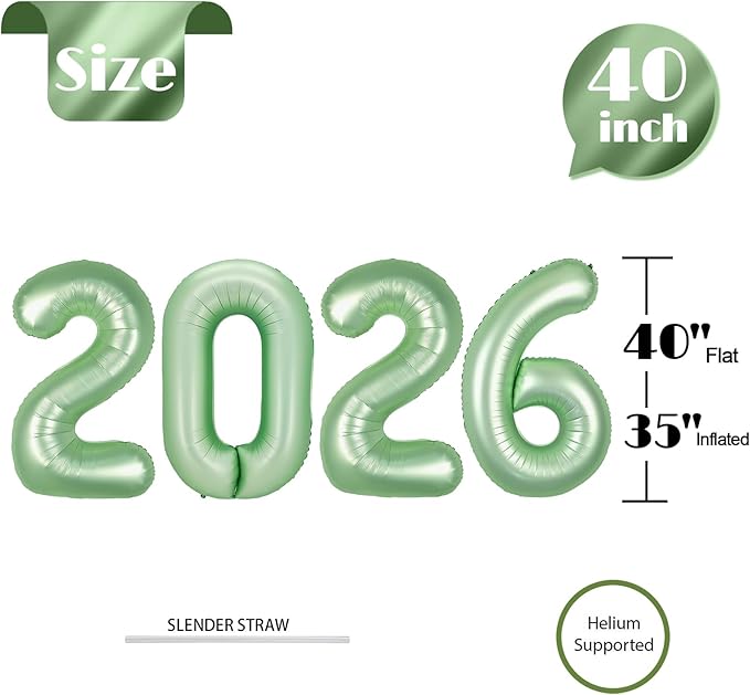 2026 Balloon Numbers - 40 Inch Sage Green New Years Eve Party Supplies 2026, Nye Decor Party Decorations Happy New Year, New Years Eve Foil Party Balloons, Graduation Party Decorations