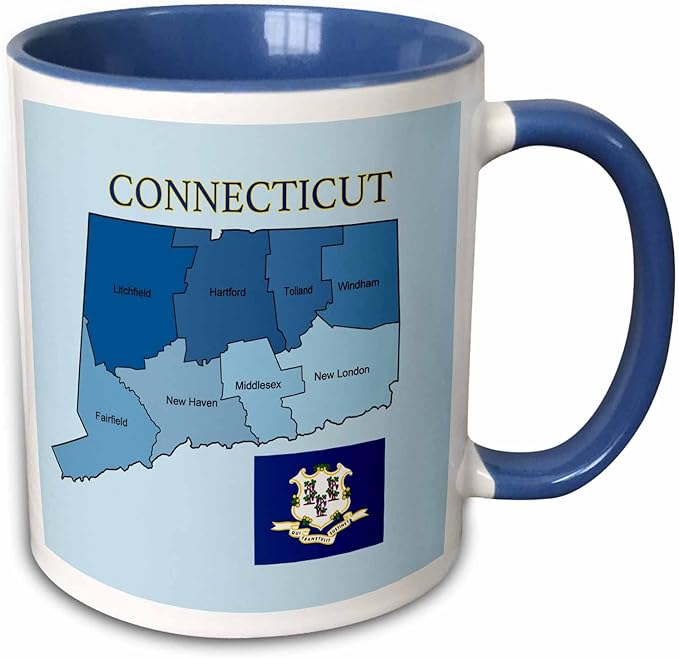 3dRose Flag and map of the state of Connecticut with counties labeled 11oz Two-Tone Blue Mug