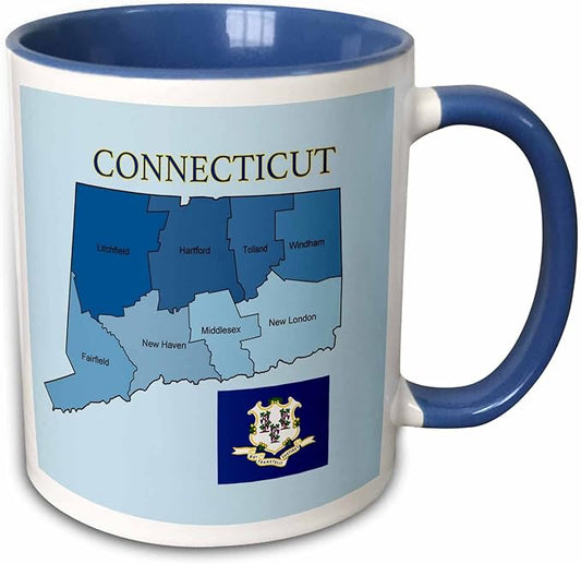 3dRose Flag and map of the state of Connecticut with counties labeled 15oz Two-Tone Blue Mug