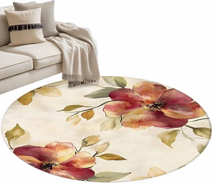 Washable Round Area Rug Oil Painting Style Flowers Circle Rugs Floor Carpet for Living Room Bedroom, Vintage Country Floral Soft Non Slip Round Rug 4ft