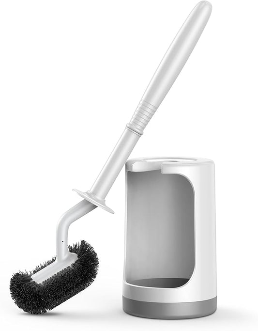 HAMITOR Toilet Bowl Brush Holder Set: Curved Design with Holder for Deep Cleaning Under Rim - Compact Hidden Scrubber for Small Space - Modern RV Bathroom Accessories - White 1 Pack