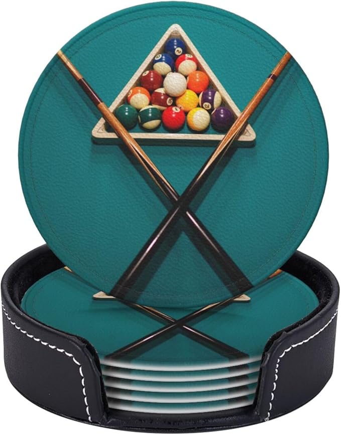 Billiards Leather Drinks Coasters with Holder, Set of 6, Suitable for Various Cups