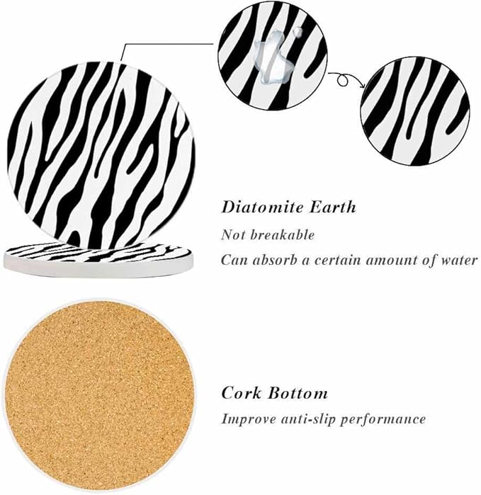 oFloral Black White Coasters for Drinks Zebra Stripe Animal Skin Textures Trendy Cups Place Mats for Home Decor Set of 2, 4 Inch