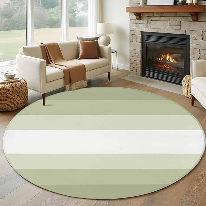 Washable Round Area Rug Modern Sage Green Gradient Style Circle Rugs Floor Carpet for Living Room Bedroom, Farmhouse Ombre Stripe Soft Non Slip Round Rug 5ft