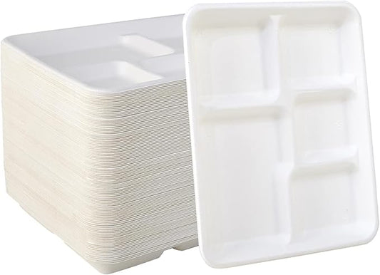 100 Pack - 100% Non Plastics 5 Compartment Paper Plates, Disposable School Lunch Trays, Eco-Friendly Bagasse Plates for School Lunch, Buffet, and Party