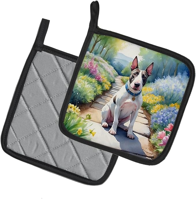 Caroline's Treasures Bull Terrier Spring Path Pair of Pot Holders Kitchen Heat Resistant Pot Holders Sets Oven Hot Pads for Cooking Baking BBQ, 7 1/2 x 7 1/2