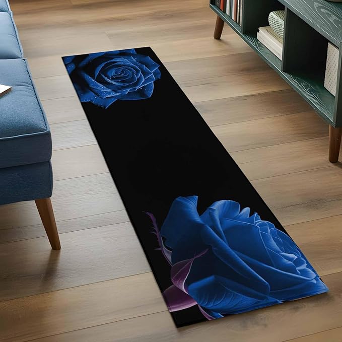 Runner Rug for Bedroom Hallway, Abstract Garden Blue Rose Kitchen Runner Rugs Area Rug 2x6ft, Classic Country Floral Washable Soft Floor Carpet for Entryway Stair