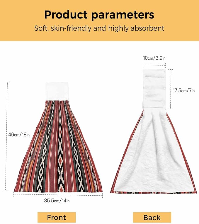 Alandar Home Kitchen Tie Towel Set of 2, Abstract Geometric Style Absorbent Soft Hand Towels for Bathroom Hanging Towels, Red Boho Ethnic Tribal Style Fast Drying Cleaning Cloth with Loop