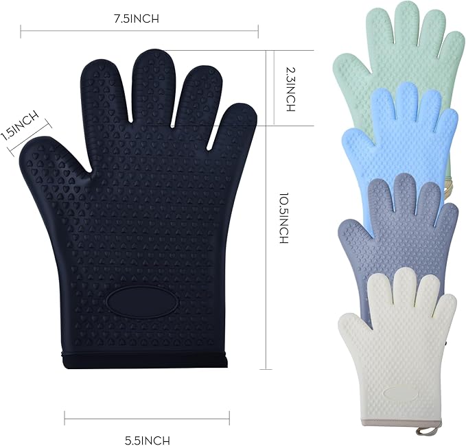 Silicone Oven Mitts Heat,1 Pair Non-Slip Five-Finger Oven Gloves, Waterproof Flexible BBQ Grilling Gloves with Hanging Loops, Kitchen Mitts for Baking Cooking Frying (Black)