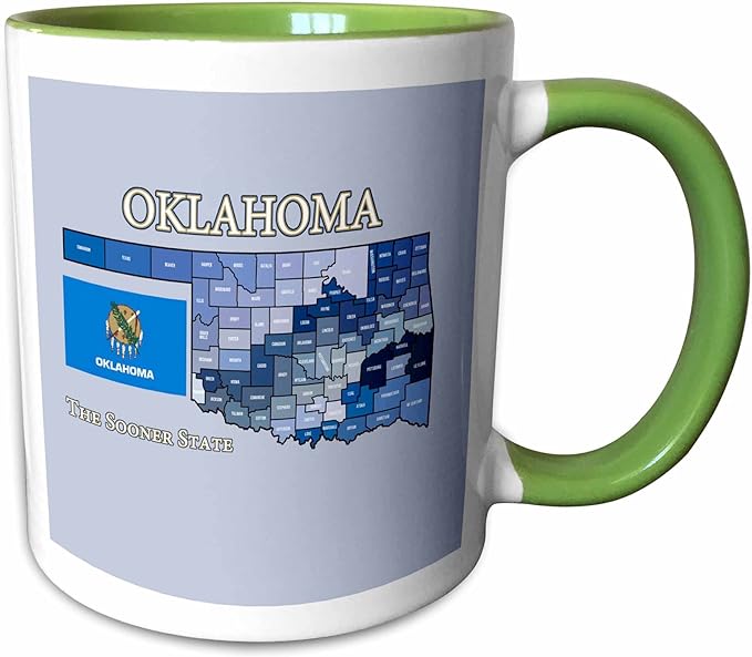3dRose Map, flag and nickname of Oklahoma, all counties colored and labeled 11oz Two-Tone Green Mug
