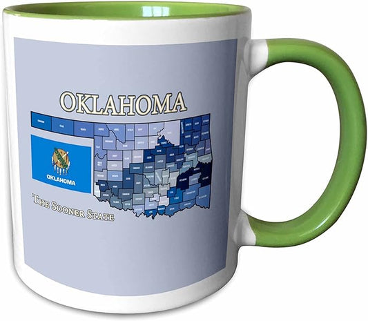 3dRose Map, flag and nickname of Oklahoma, all counties colored and labeled 11oz Two-Tone Green Mug