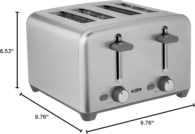 bella 4 Slice Toaster with Auto Shut Off, Extra Wide Slots and Removable Drop-Down Crumb Tray with Cancel and Reheat Function, For Texas Toast, Large Bread & Bagel, Stainless Steel