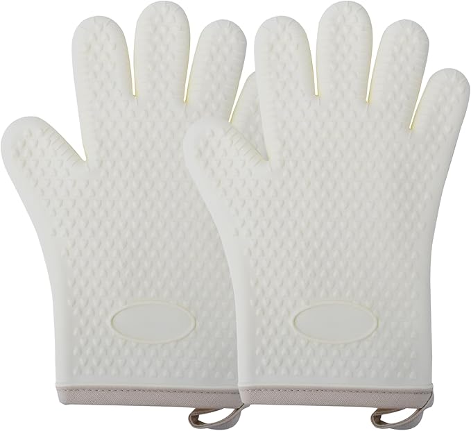 Silicone Oven Mitts Heat,1 Pair Non-Slip Five-Finger Oven Gloves, Waterproof Flexible BBQ Grilling Gloves with Hanging Loops, Kitchen Mitts for Baking Cooking Frying (White)