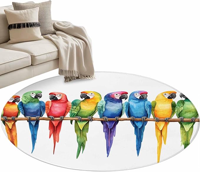 Washable Round Area Rug Funny Watercolor Parrot Circle Rugs Floor Carpet for Living Room Bedroom, Red Green Blue Gradient Bird Soft Non Slip Round Rug 3ft