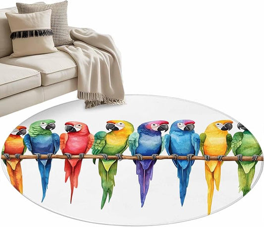 Washable Round Area Rug Funny Watercolor Parrot Circle Rugs Floor Carpet for Living Room Bedroom, Red Green Blue Gradient Bird Soft Non Slip Round Rug 4ft