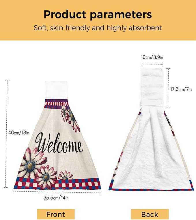 Alandar Home Kitchen Tie Towel Set of 2, Watercolor Daisy Red Blue Plaid Absorbent Soft Hand Towels for Bathroom Hanging Towels, Independence Day Flower on Flax Fast Drying Cleaning Cloth with Loop
