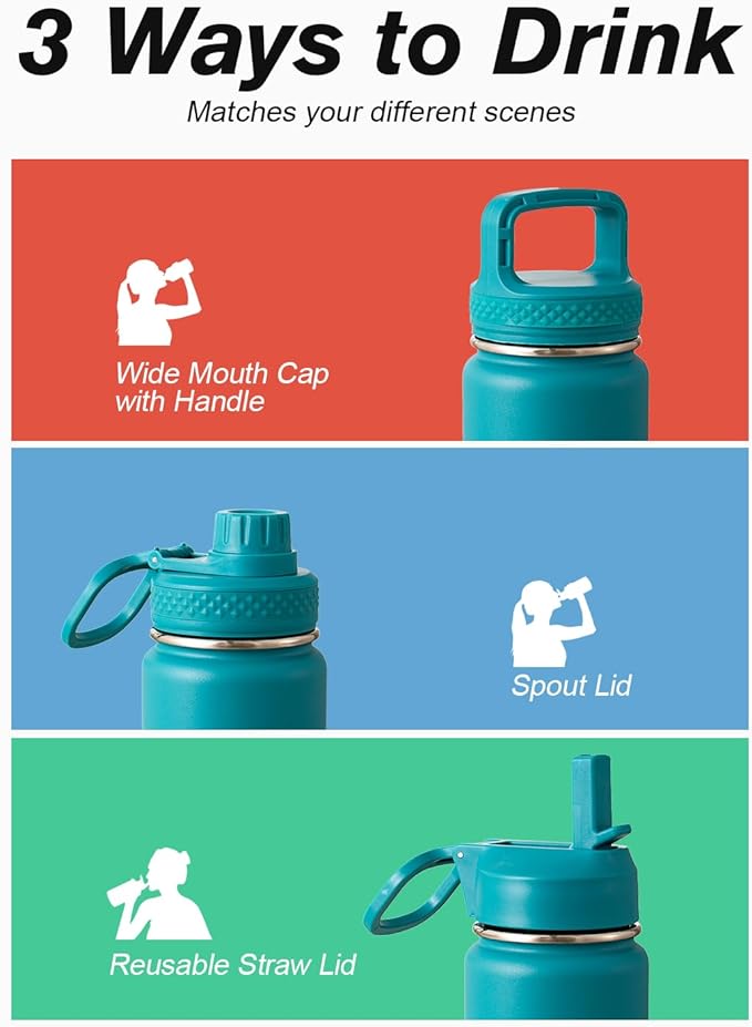 Coolflask Water Bottle 24 oz Insulated with Straw, Stainless Steel Metal 3 Lids Water Flask Wide Mouth for Sports or Office, Non-BPA Keep Cold Up to 48 Hrs or Hot Up to 24 Hrs, Indigo Blue
