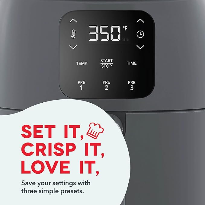 Dash Tasti-Crisp™ Digital Air Fryer – 2.6 Quart Small Compact Mini Air Fryer for French Fries, Nuggets & More, 1-2 People, Auto Shut Off, Adjustable Temp, Dishwasher Safe Parts - Grey