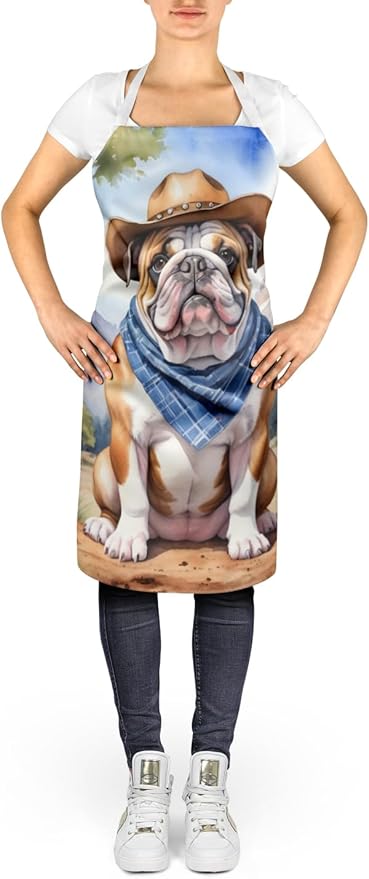 Caroline's Treasures English Bulldog Cowboy Welcome Apron Cooking Kitchen Server Baking Crafts Gardening for Adult Women Men, Unisex, Large, Multicolor