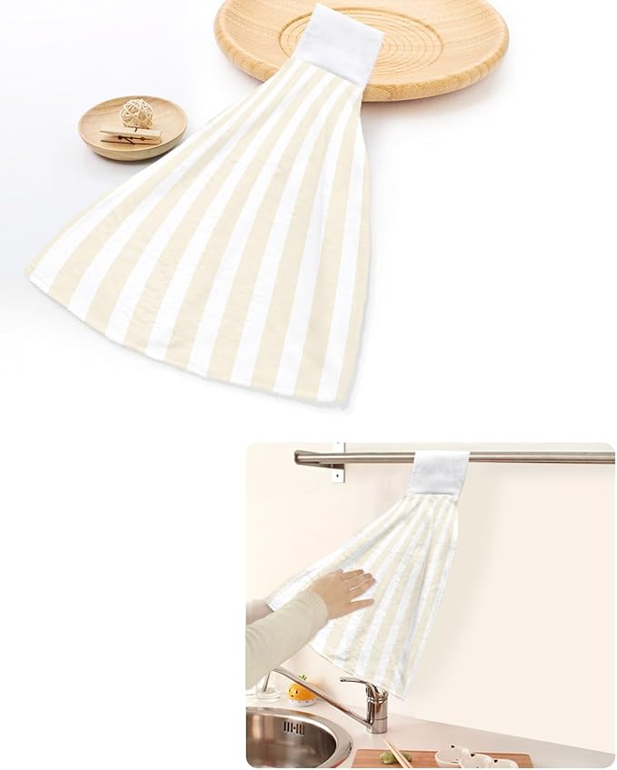 Alandar Home Kitchen Tie Towel Set of 1, Minimalist Abstract Stripe Art Absorbent Soft Hand Towels for Bathroom Hanging Towels, Modern Cream and White Line Fast Drying Cleaning Cloth with Loop