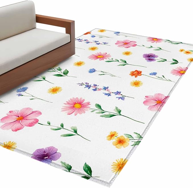 Area Rug 4x6ft, Watercolor Farmhouse Flower Washable Rugs for Living Room Bedroom, Yellow Pink Purple Blue Floral Soft Non-Slip Area Rugs Rectangle Floor Carpet for Dining Room