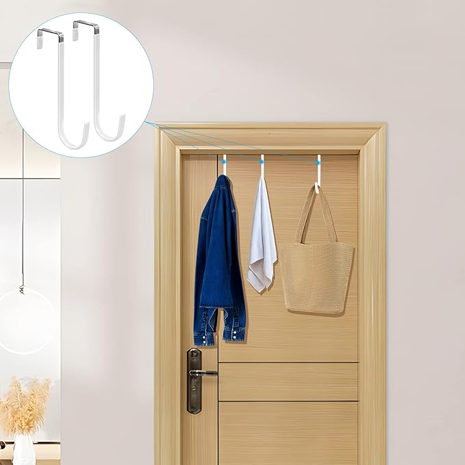 FYY Over the Door Hooks, 4 Pack Upgraded Long Door Hangers Hooks with Rubber Prevent Scratches Heavy Duty Organizer Hooks for Hanging Clothes, Towels, Hats, Coats, Bags White
