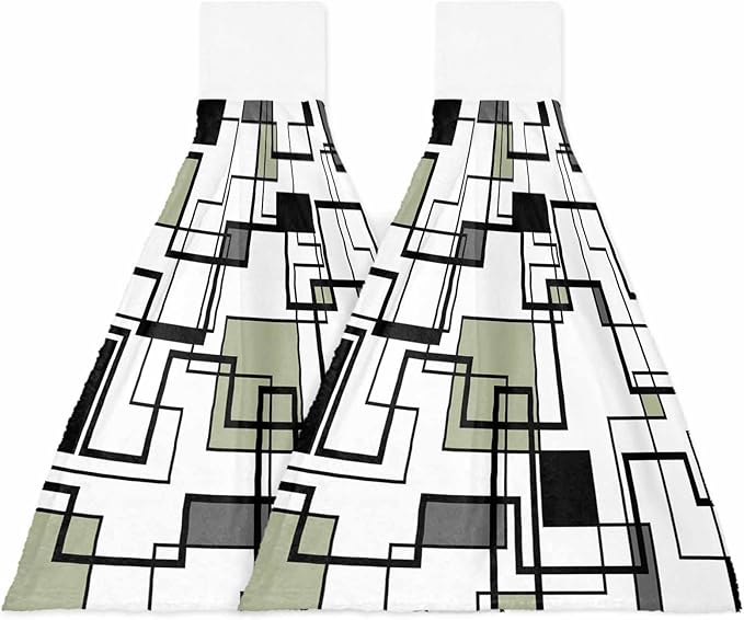 Alandar Home Kitchen Tie Towel Set of 2, Abstract Geometric Lines Art Absorbent Soft Hand Towels for Bathroom Hanging Towels, Green Black Color Block Fast Drying Cleaning Cloth with Loop