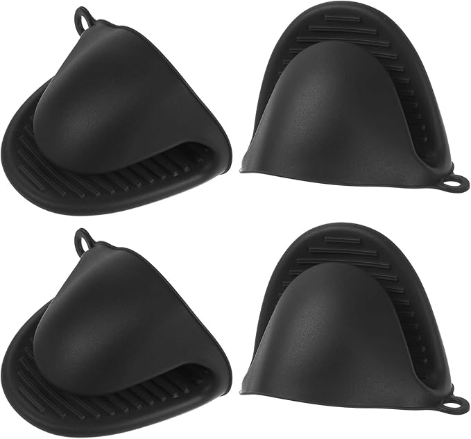 HARFINGTON 4pcs Thickened Mini Oven Gloves, Heat Resistant Silicone Oven Mitts Finger Pinch Grips Pot Holder for Kitchen, Cooking, Baking, BBQ Heat Resistant Gloves, Black