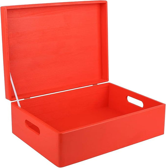 Creative Deco XL Red Wooden Box Storage with Hinged Lid | 15.8x11.8x5.5in (+-0.5) | Keepsake with Handles | Gift Box for Tool Dog Toy Kitchen Storage | Wood Chest Trunk
