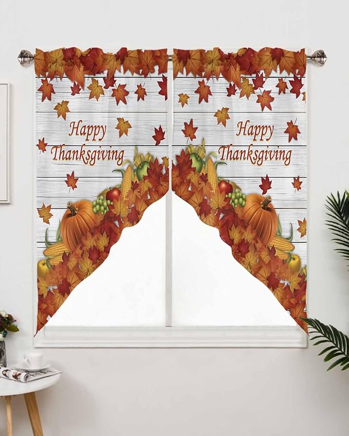 Happy Thanksgiving Orange Pumpkins Maple Leaves Fall Swag Valance Curtains Autumn Harvest Corn Apples Wood Grain Rod Pocket Kitchen Curtains, Scalloped Window Treatment Valances, 1 Pair, 28"W x 36"L