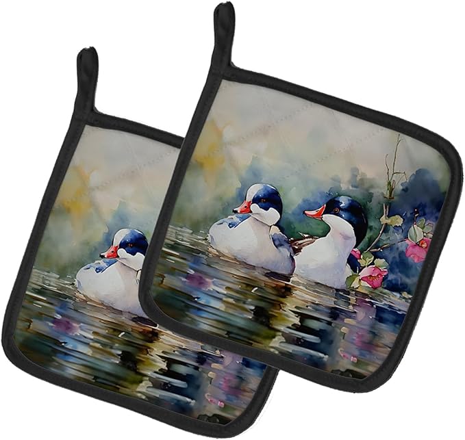 Caroline's Treasures Bufflehead Pair of Pot Holders Kitchen Heat Resistant Pot Holders Sets Oven Hot Pads for Cooking Baking BBQ, 7 1/2 x 7 1/2