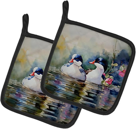 Caroline's Treasures Bufflehead Pair of Pot Holders Kitchen Heat Resistant Pot Holders Sets Oven Hot Pads for Cooking Baking BBQ, 7 1/2 x 7 1/2