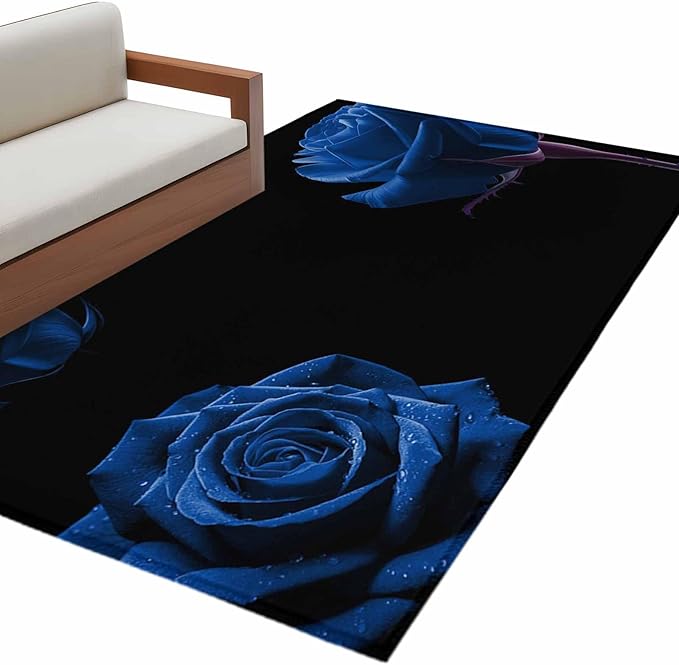 Area Rug 3x5ft, Abstract Garden Blue Rose Washable Rugs for Living Room Bedroom, Classic Country Floral Soft Non-Slip Area Rugs Rectangle Floor Carpet for Dining Room