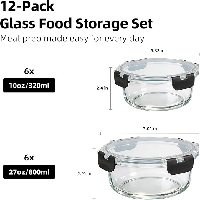 Konokyo Round Glass Food Storage Containers with Lids, 24 Pack Airtight Leakproof Meal Prep Containers, BPA-Free, Microwave Oven Freezer & Dishwasher Safe, Assorted Sizes