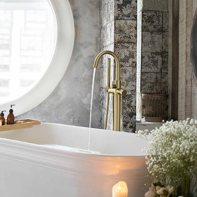 KIBI Circular Floor Mount Bathtub Faucet with Hand Shower | Single Handle Freestanding Tub Filler | Modern Bath Faucet for Tub and Shower | Brushed Gold Finish, KTF301