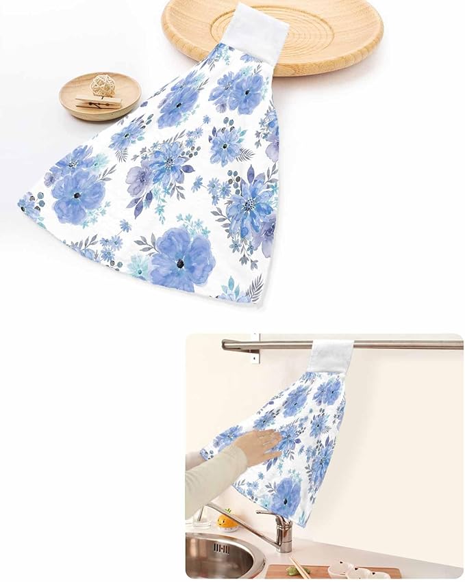 Alandar Home Kitchen Tie Towel Set of 2, Watercolor Spring Flowers Absorbent Soft Hand Towels for Bathroom Hanging Towels, Purple Floral Art Fast Drying Cleaning Cloth with Loop