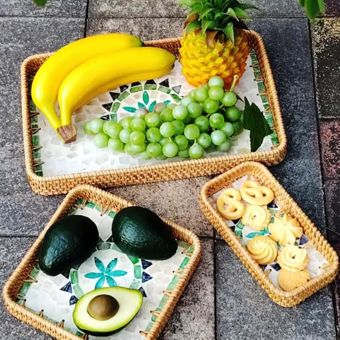 i-lan 15" Rattan Tray Set of 3, Rectangular Mother of Pearl Decorative Tray, Green Geometric Woven Nesting Trays for Serving, Boho Home Decor for Vanity, Entryway, Living Room & Kitchen